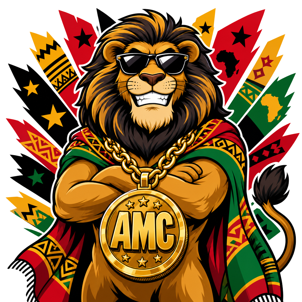 African Meme Coin lion mascot with gold chain and pan-African flag burst